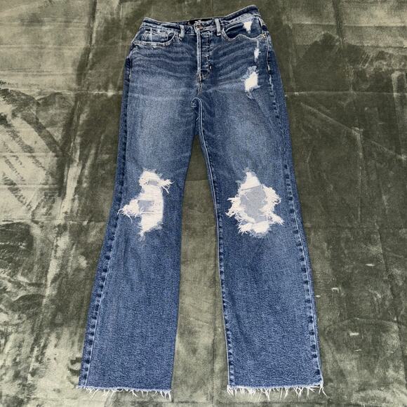 Hollister Ultra High-Rise Vintage Straight Jeans Womens 5R Blue Denim Distressed - Picture 1 of 9